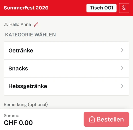 Menü auf dem Handy: Der Gast wählt eine Kategorie.