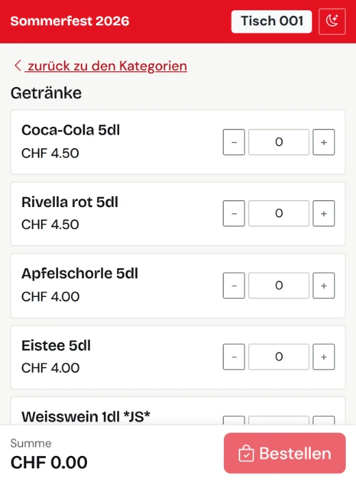 Artikelliste mit Preisen und Mengenwahl auf dem Handy.
